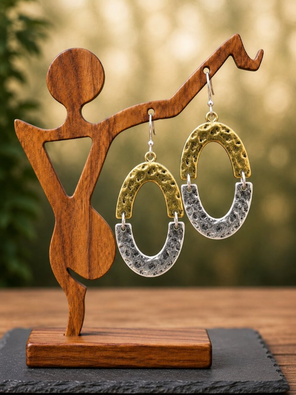 Two Tone Gold and Silver Oval Drop Earrings - Picture 4 of 6